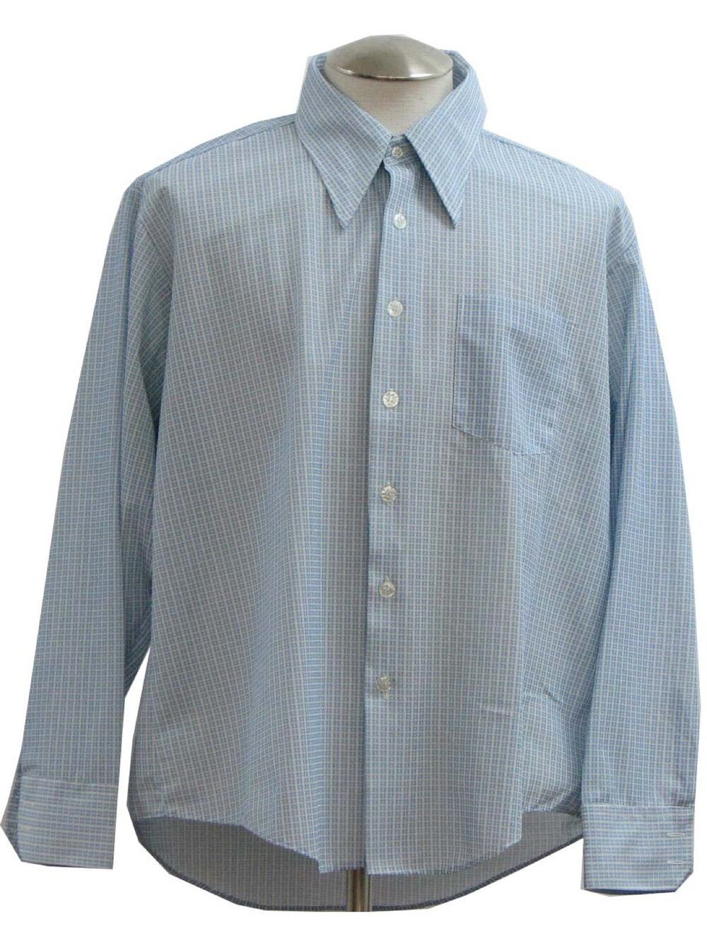 Vintage 70s Men's Large Cascade Blue Micro Check Shirt Disco Collar